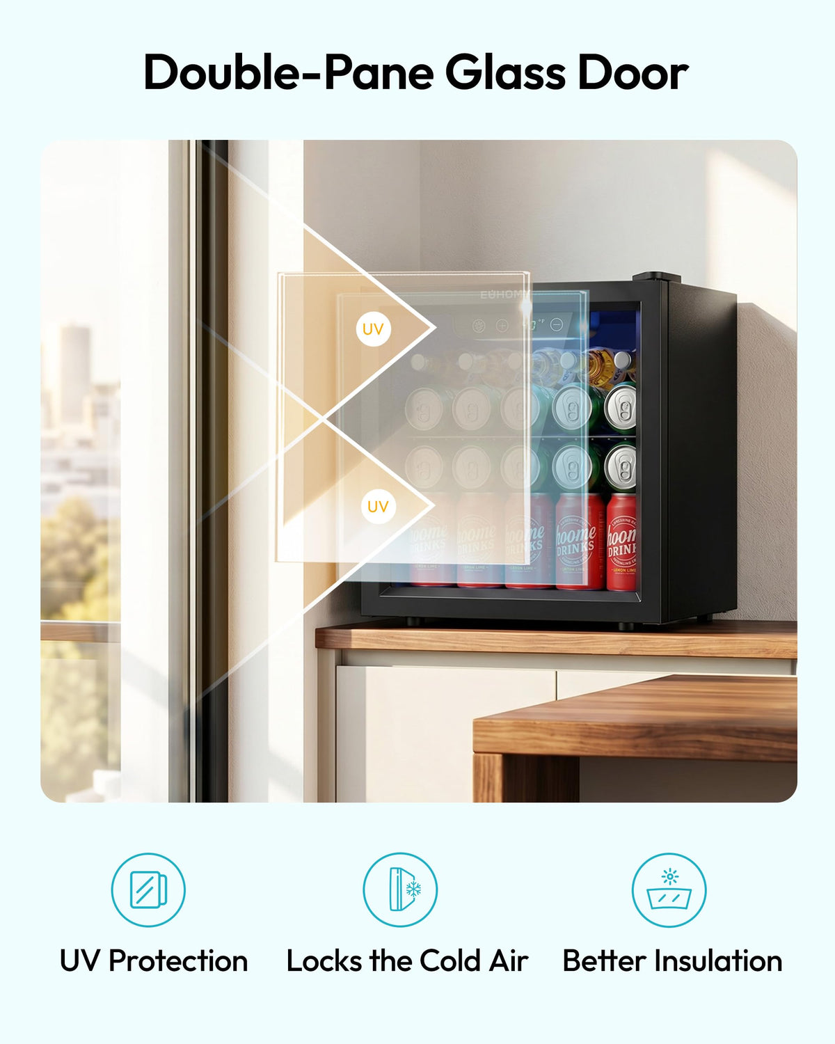 EUHOMY 48 Cans Beverage Refrigerator cooler-Mini Fridge Glass Door for Beer Drinks Wines, Countertop Beverage Fridge with Adjustable Shelves Blue LED for Home/Office/Dorm/Bar, 1.3 cu.ft