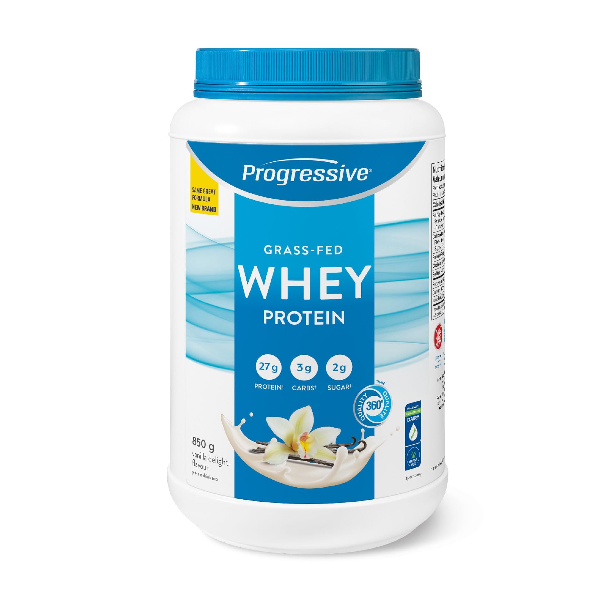 Progressive Grass-Fed 100% Whey Protein Powder Vanilla, 27g of New Zealand Whey Concentrate per Scoop for Muscle Gain, Pasture-Raised, Non-GMO, Canadian-Made Antibiotic-free, Hormone-free, 850 g Progressive