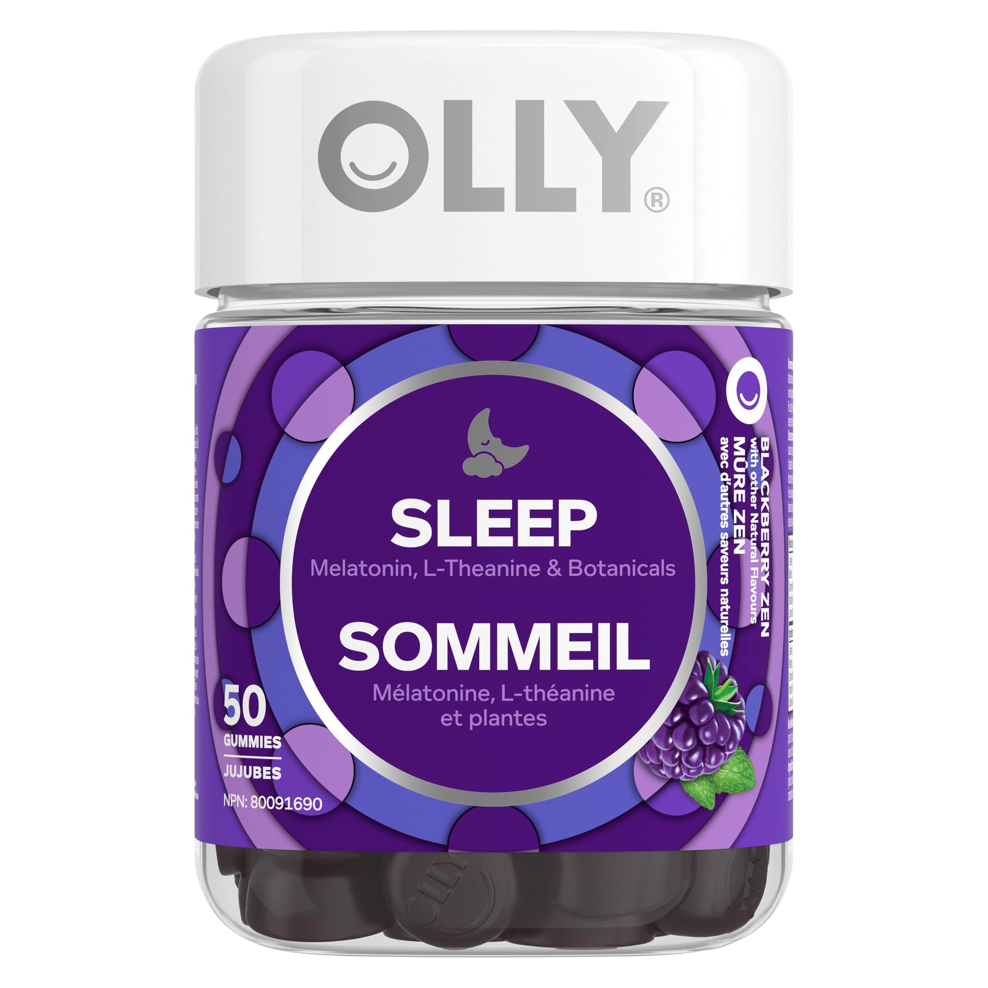 OLLY Sleep Gummy Supplement helps promote a healthy sleep cycle Blackberry Zen with melatonin, L-Theanine & botanicals 25 day Supply, 50 gummies
