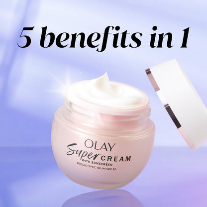 Olay Super Cream with Sunscreen SPF 30, Ultra Lightweight Face Moisturizer with Vitamin C, Hyaluronic Acid, Niacinamide, Vitamin E, and Collagen Peptide that hydrates, smooths, brightens, firms, and protects with SPF, 50 mL - Available at All In One Marketplace Canada