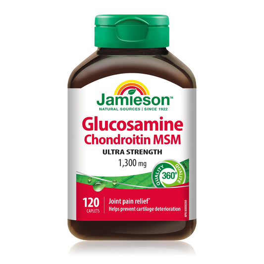 Jamieson Ultra Strength Glucosamine Chondroitin MSM 1300 mg, Provides Joint Pain Relief, Osteoarthritis Support, and Cartilage Deterioration Protection. Non-GMO, Gluten-Free, 120 Caplets, Proudly Canadian - Available at All In One Marketplace Canada