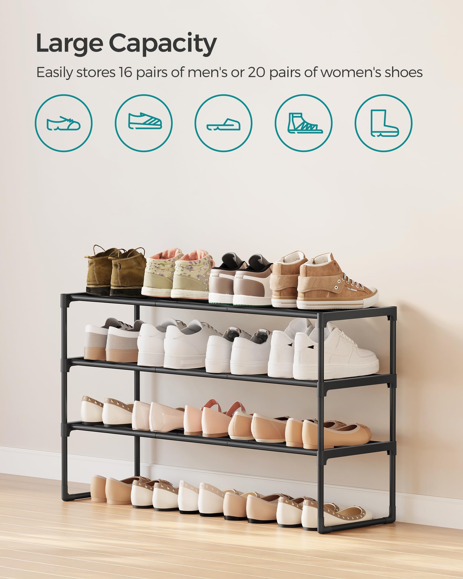 SONGMICS Shoe Rack, 3-Tier Shoe Organizer, Sturdy Storage Shelf, Upright or Upside Down, for 16-20 Pairs, Stackable, for Entryway, 30 x 92 x 55 cm, Black ULSA303B02