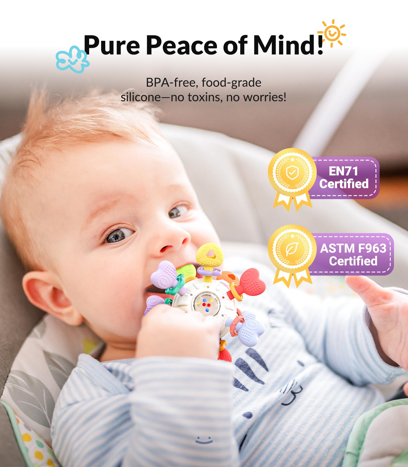Infinno Baby Teething Toy with Rattle Spinner, BPA-Free Silicone for Baby