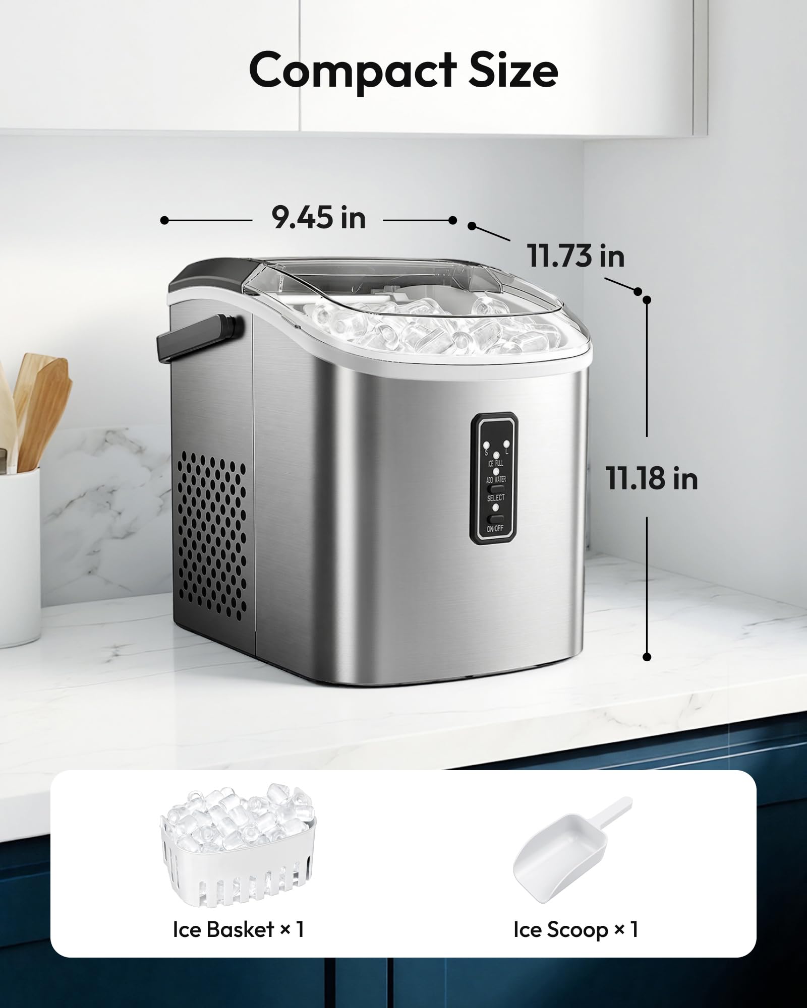 EUHOMY Ice Maker Countertop, 9 Cubes Ready in 6 Mins, 26lbs/24H, Self-Cleaning, Portable Ice Maker Machine with Carry Handle, Basket and Scoop, 2 Sizes of Bullet Ice for Home, Kitchen, Office - Available at All In One Marketplace Canada