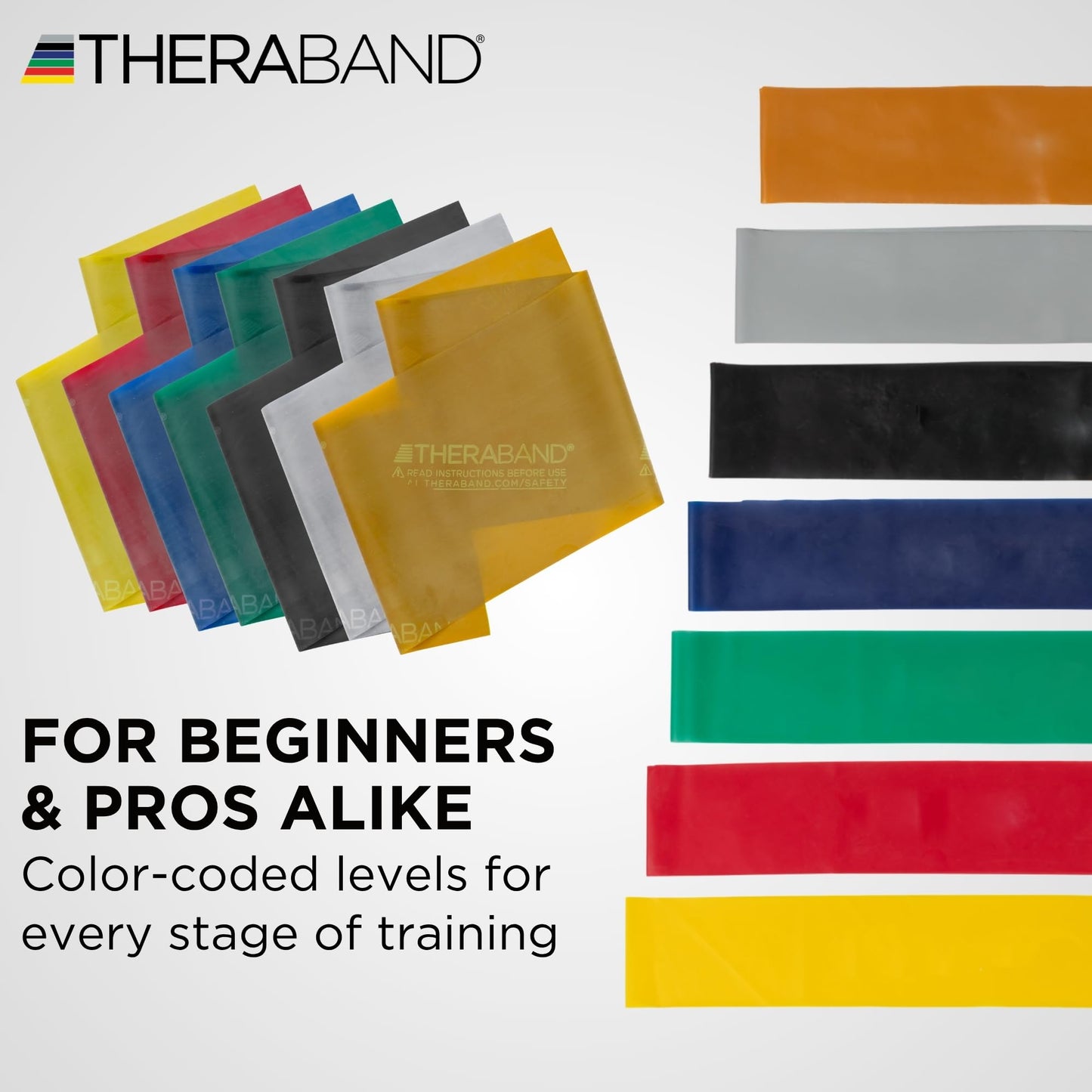 THERABAND Resistance Bands Set, 7 Pack 6 ft Exercise Bands, Light to Extra Heavy Levels 1–7, Latex Stretch Bands for Strength Training, Pilates, Mobility & Full Body Home Workouts TheraBand