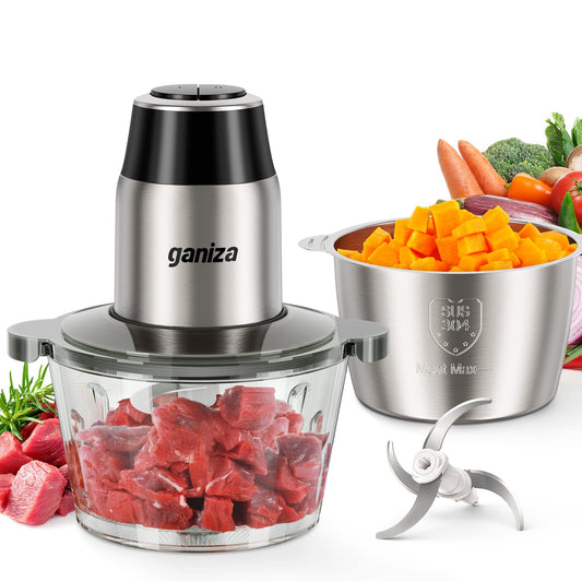 GANIZA Food Processors, Electric Food Chopper with Meat Grinder & Vegetable Chopper - 2 Bowls (8 Cup+8 Cup) with Powerful 450W Copper Motor - Includes 2 Sets of Bi-Level Blades for Fruits/Meat/Nuts - Available at All In One Marketplace Canada