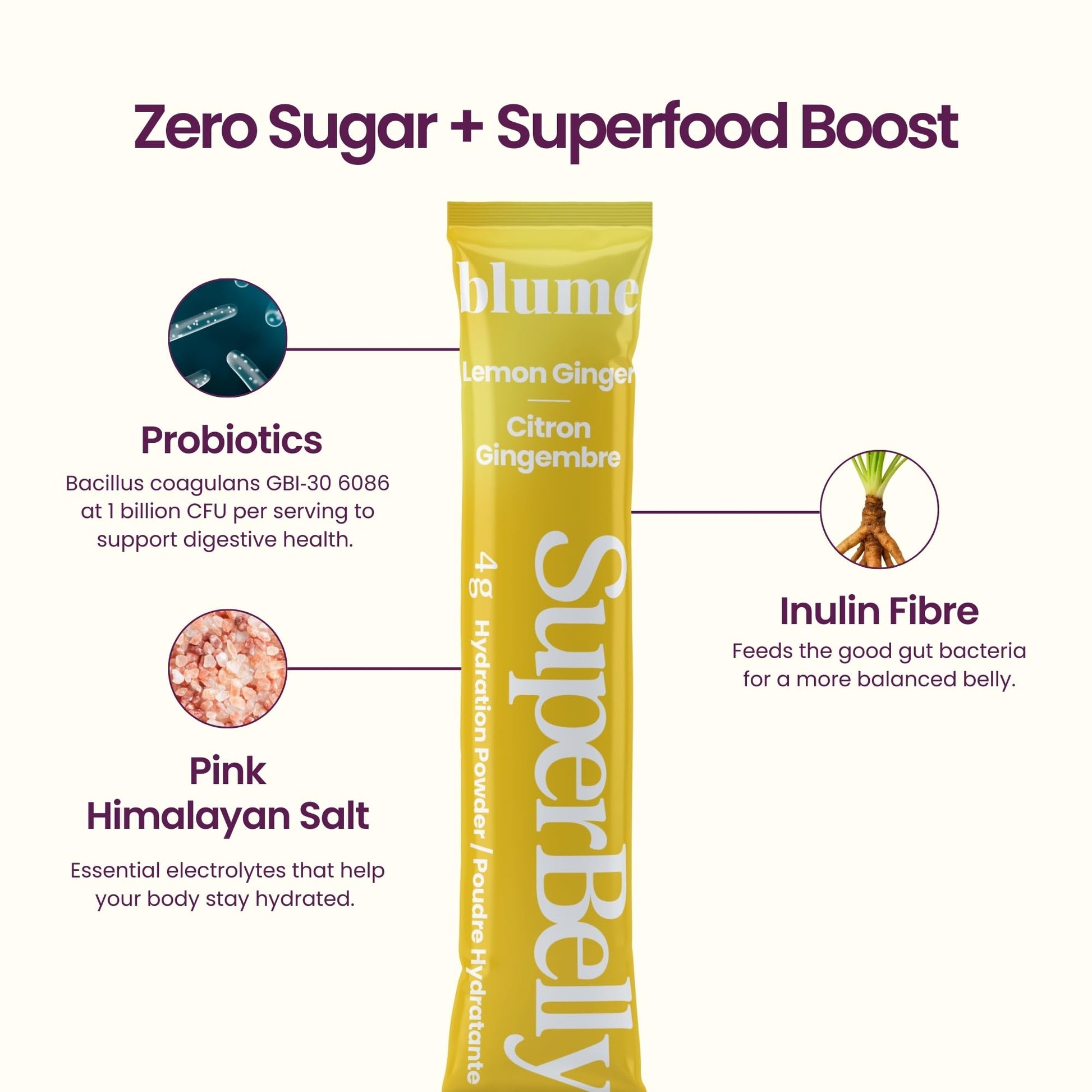 Blume SuperBelly Variety Pack – Gut Health Hydration Sticks, 45 Count (Strawberry, Lemon, Acai)