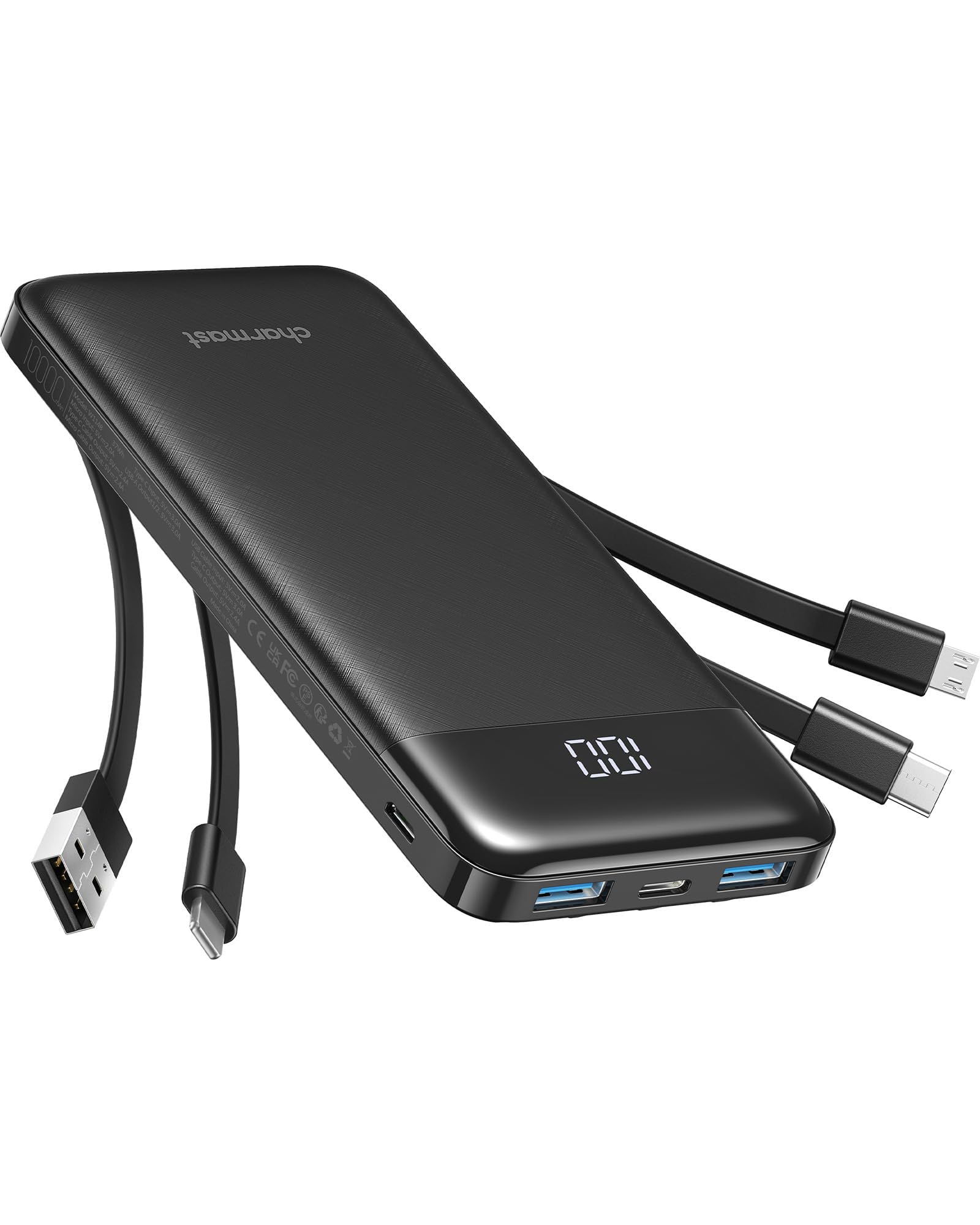 Charmast Power Bank with Built in Cables, 10000mAh USB C Battery Pack 6 Outputs 2 Inputs with LED Display Type C Powerbank Portable Charger Compatible with Smartphones Tablets and More (Black) - Available at All In One Marketplace Canada