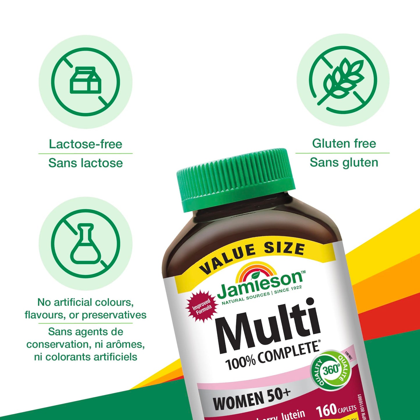 Jamieson 100% Complete Multivitamin For Women 50+ Value Size, 160 Caplets. With Cranberry, Lutein and More Magnesium. Supports Immunity, Energy, Overall Health, Eye Support, Bone Health, One Per Day - Available at All In One Marketplace Canada