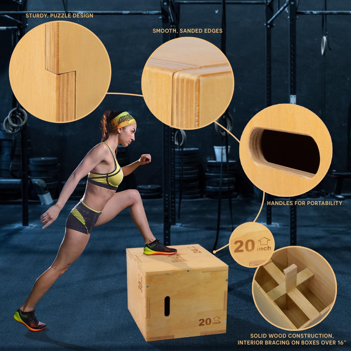 Yes4All 3-in-1 Wooden Plyo Box, Jumping Plyometric Step Platform for Home Gym, 450lb Capacity with Wide Built-in Handles (16"x14"x12" - Basic Wood Finish) Yes4All