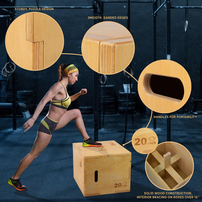 Yes4All 3-in-1 Wooden Plyo Box, Jumping Plyometric Step Platform for Home Gym, 450lb Capacity with Wide Built-in Handles (16"x14"x12" - Basic Wood Finish) Yes4All