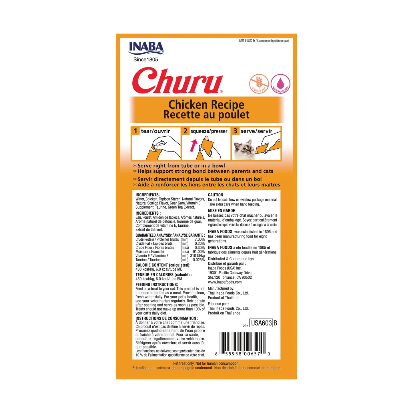 INABA Churu Cat Treats, Lickable, Squeezable Creamy Purée Cat Treat with Green Tea Extract & Taurine, 14 Grams Each Tube, 24 Tubes (4 per Pack), Chicken Recipe 🍁 All In One Marketplace Canada