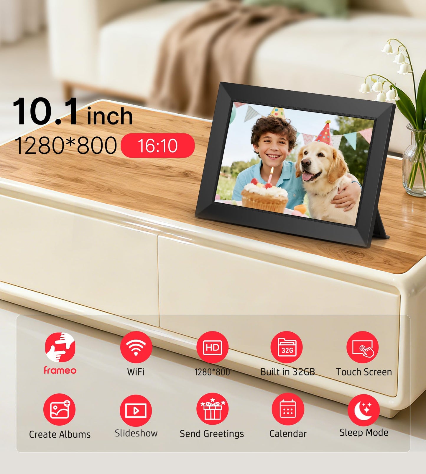 Frameo 10.1 Inch WiFi Digital Picture Frame, 1280x800 HD IPS Touch Screen Photo Frame Electronic, 32GB Memory, Auto-Rotate, Wall Mountable, Share Photos/Videos Instantly via Frameo App from Anywhere