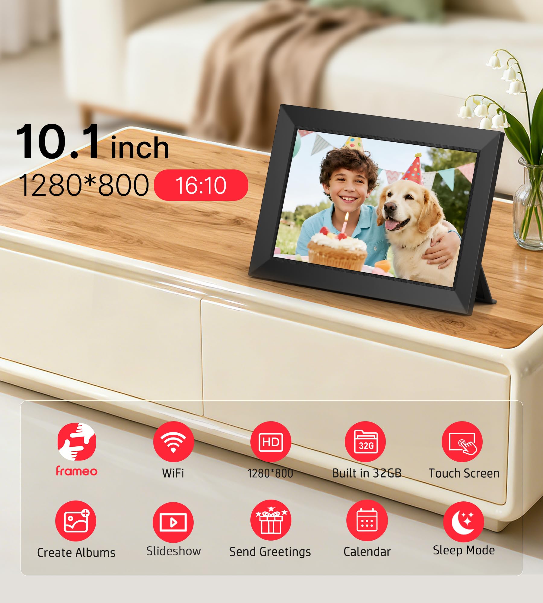 Frameo 10.1 Inch WiFi Digital Picture Frame, 1280x800 HD IPS Touch Screen Photo Frame Electronic, 32GB Memory, Auto-Rotate, Wall Mountable, Share Photos/Videos Instantly via Frameo App from Anywhere