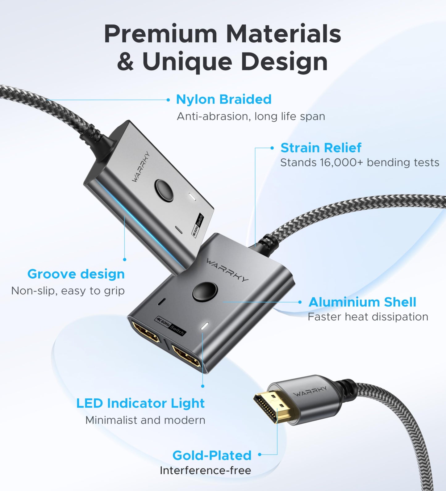 HDMI Switch 4K 60Hz, WARRKY HDMI Switcher 2 in 1 Out [Fixed Braided Cable]