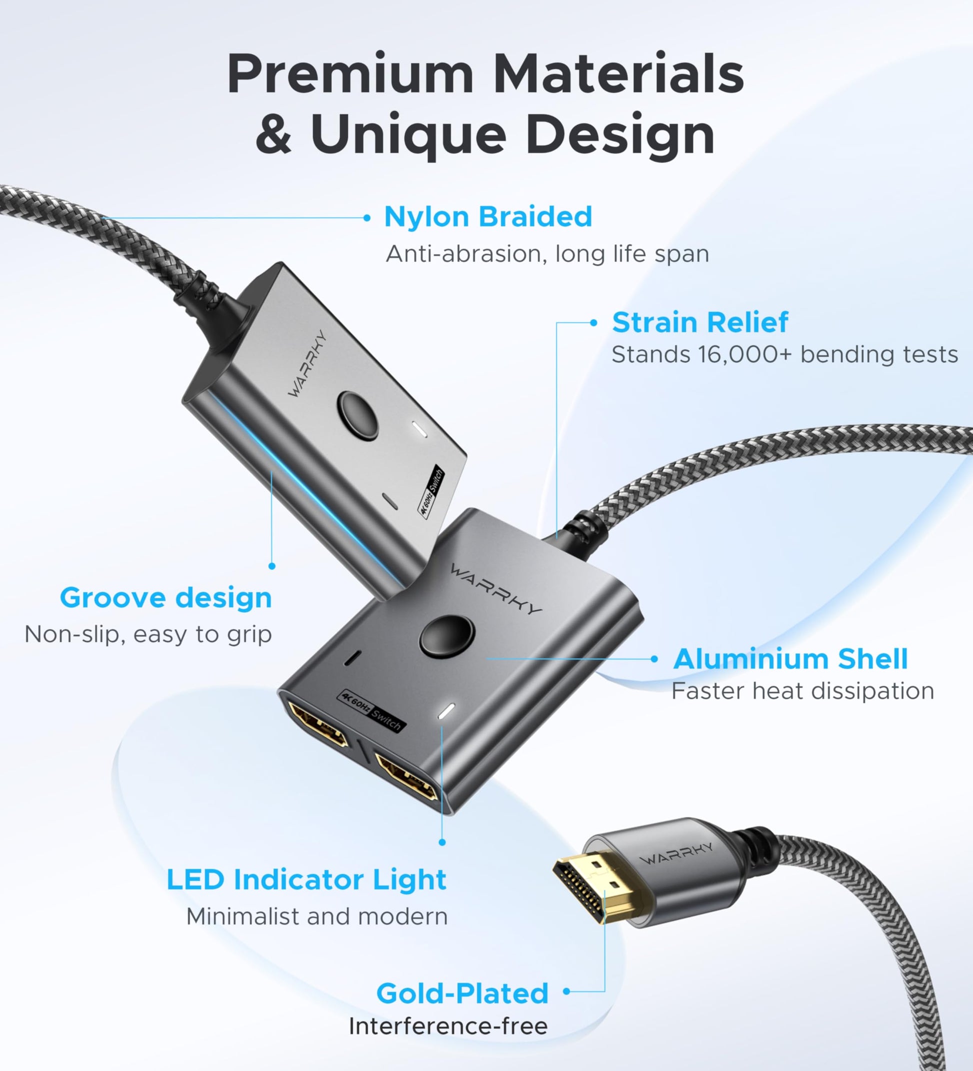 HDMI Switch 4K 60Hz, WARRKY HDMI Switcher 2 in 1 Out [Fixed Braided Cable]