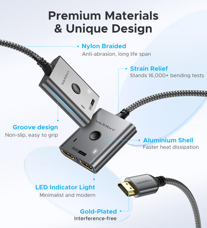HDMI Switch 4K 60Hz, WARRKY HDMI Switcher 2 in 1 Out [Fixed Braided Cable]