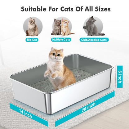 ZuHucpts Stainless Steel Cat Litter Box, Large Metal Litter Pan for Cats (20" Lx14 Wx6 H)