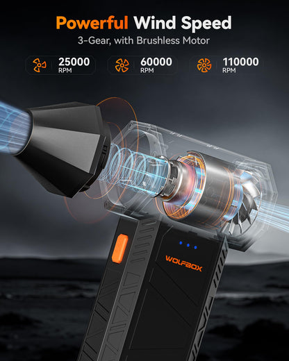 WOLFBOX MegaFlow 50 Compressed Air Duster-110000RPM Super Power Cordless Air Duster, 3-Gear Adjustable Mini Blower with Rechargeable Battery, Dust Blower for Computer, Keyboard, House, Outdoor and Car