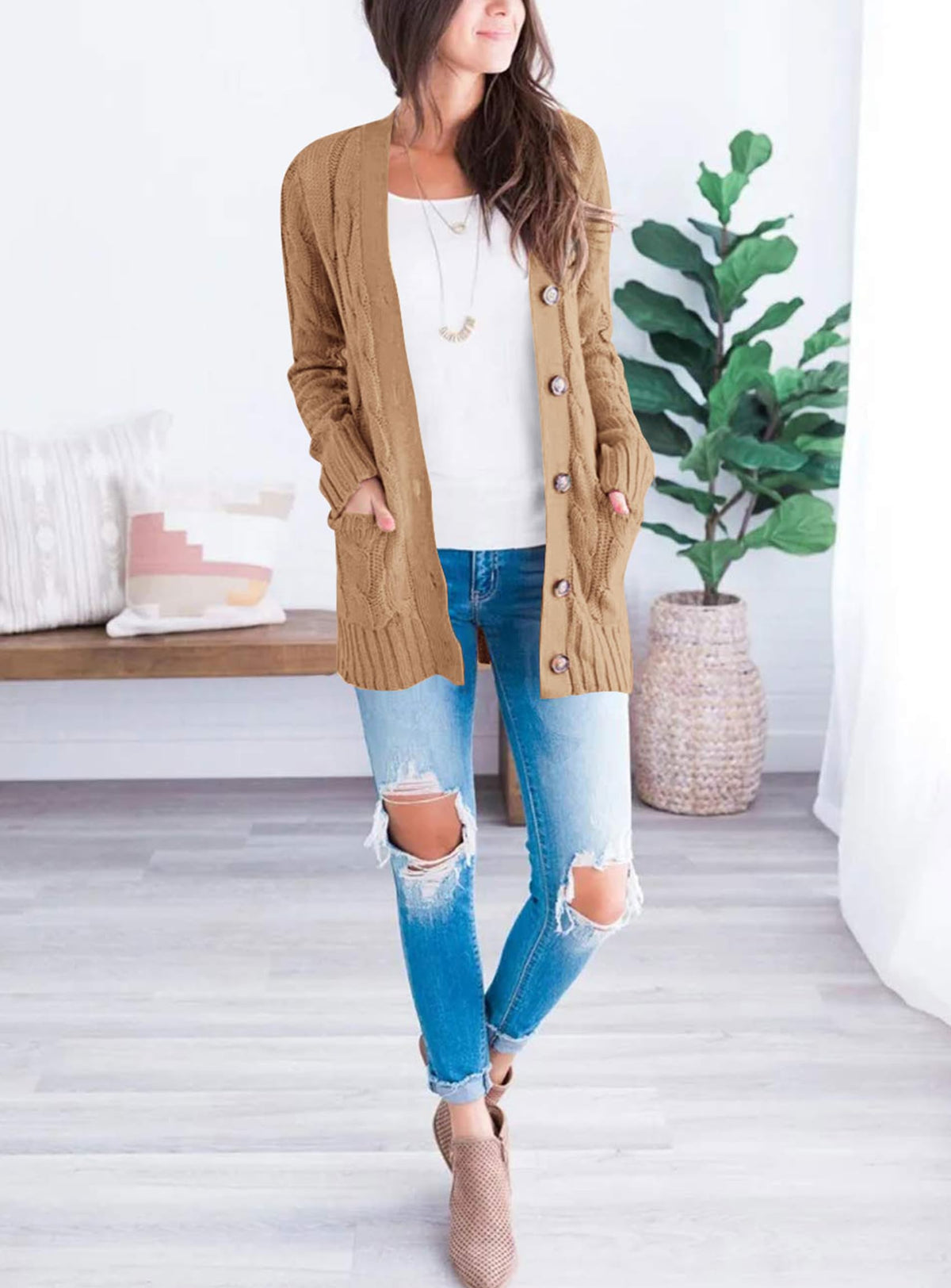 PRETTYGARDEN Women's Cable Knit Cardigan Sweaters Fall(Khaki,M) 🍁 All In One Marketplace Canada