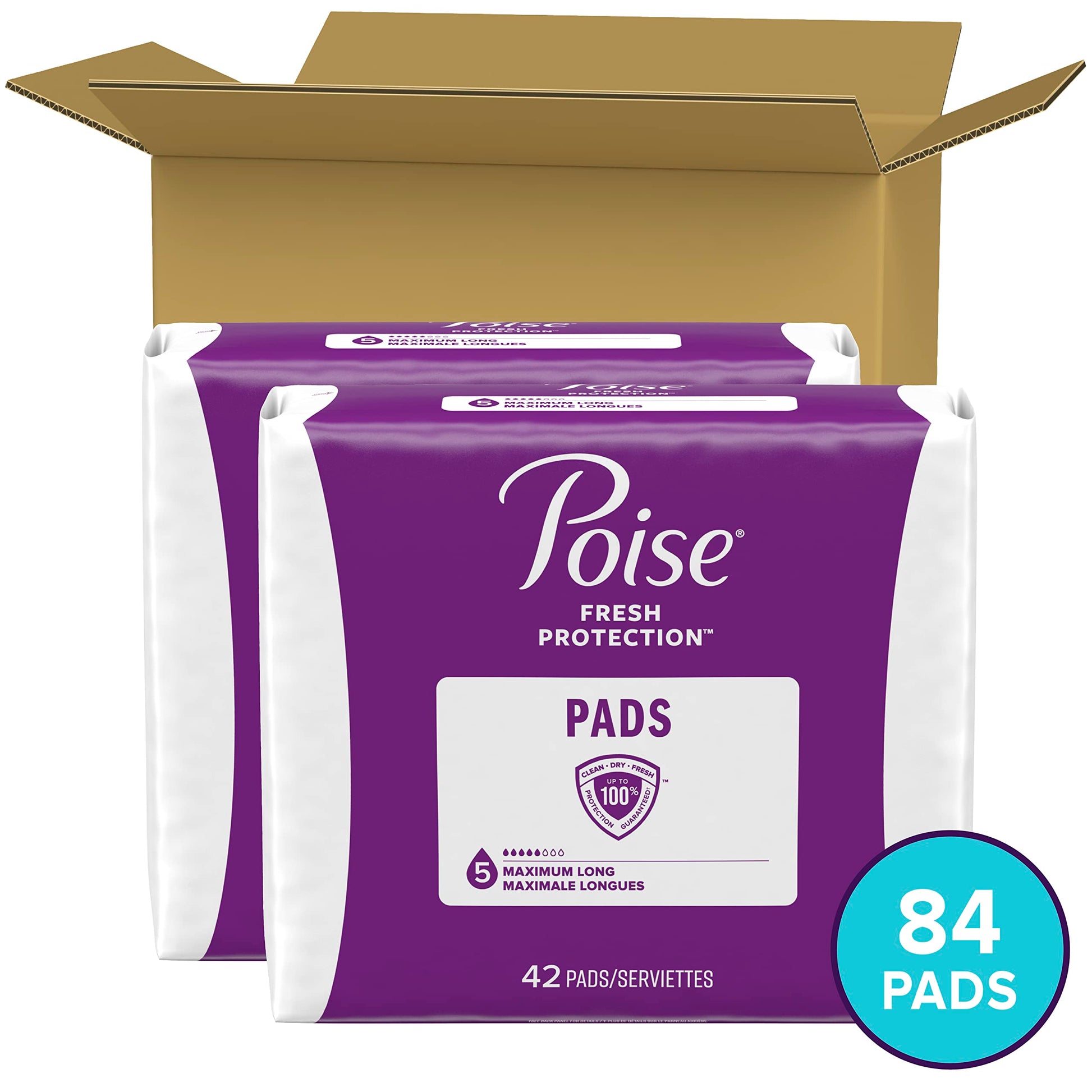Poise Incontinence Pads for Women, Maximum Absorbency, Long, 84 Count (2 Packs of 42) (Packaging May Vary)