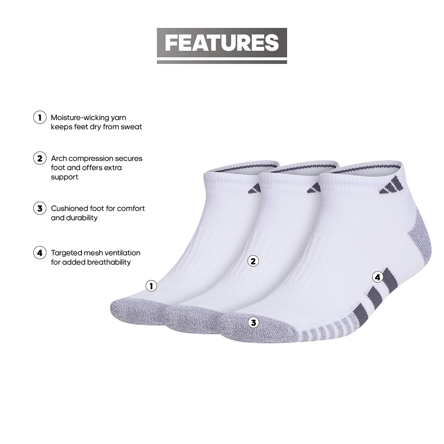 adidas Men's Cushioned 3-Pack Low-Cut Socks, White/Grey/Black, Large - Available at All In One Marketplace Canada