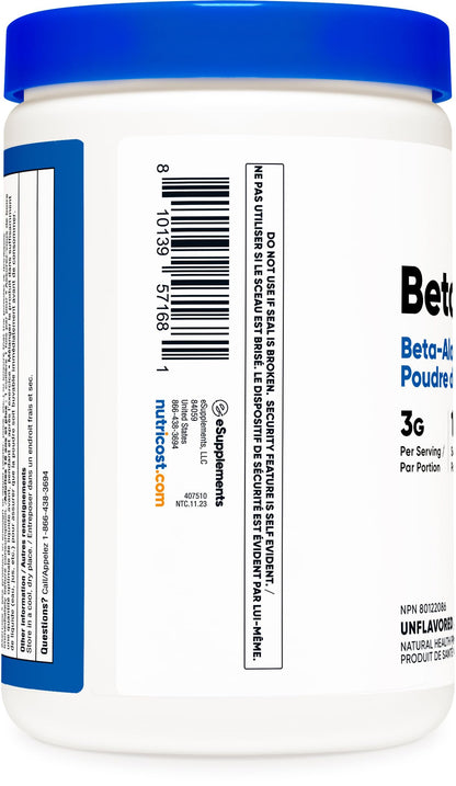 Nutricost Beta Alanine Powder (500 Grams) Unflavored - Pre-Workout Supplement, Non-GMO, Gluten-Free - Available at All In One Marketplace Canada