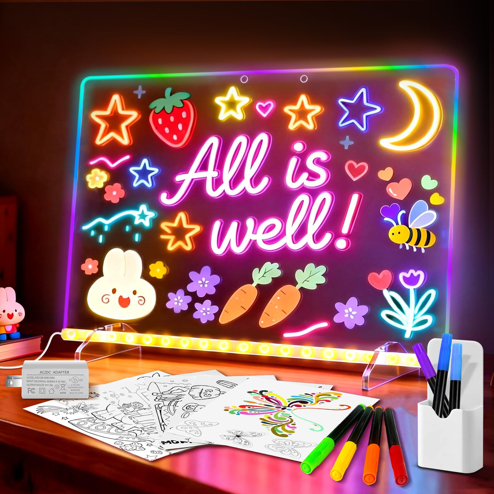 13.7x10 LumiBoard LED Drawing Board for Kids with 13 Light Effect,Acrylic Dry Erase Board Doodle Glow Board for Kids,Glow Art Drawing Gift for Girls Teens(7 Markers+Adaper - Available at All In One Marketplace Canada