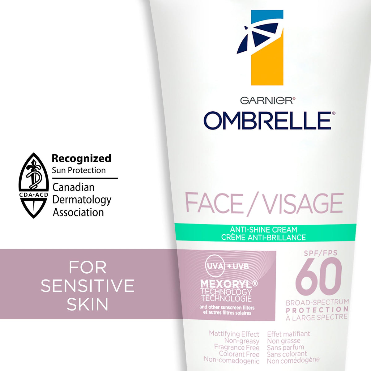 Garnier Ombrelle Anti-Shine Face Sunscreen Lotion, SPF 60, Travel Size, For Sensitive Skin, Broad Spectrum UVA/UVB Very High Protection, Non-Greasy, Non-Sticky, Non-Comedogenic, Water Resistant, 90ml