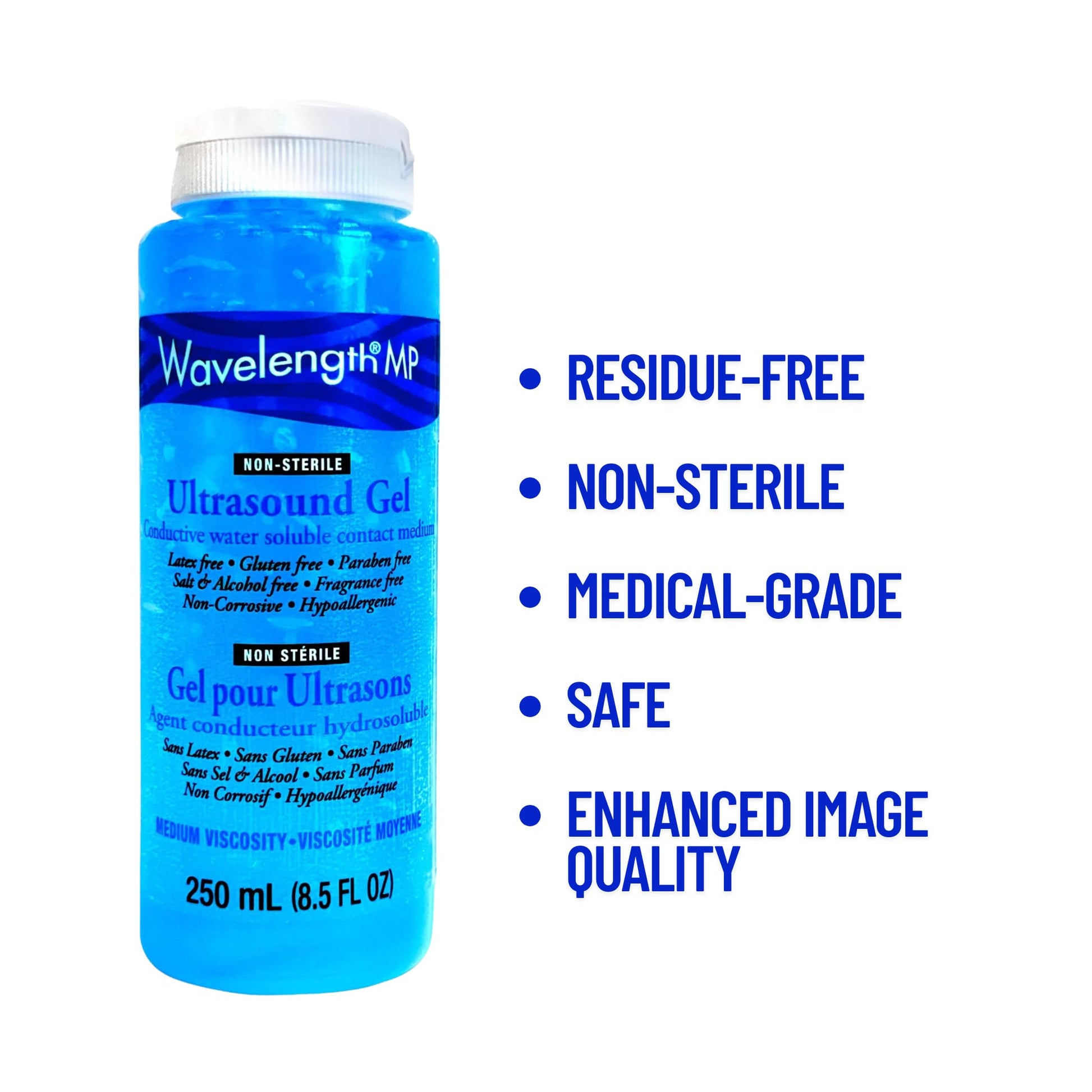 Wavelength® MP Multi-Purpose Ultrasound Gel. Hypoallergenic, Non-Greasy, Premium-Quality. For Ultrasound, Physiotherapy, Cavitation & Aesthetic Devices. Made in Canada. Transmission Gel. 250ml Bottles. (Blue 250ml x 2)