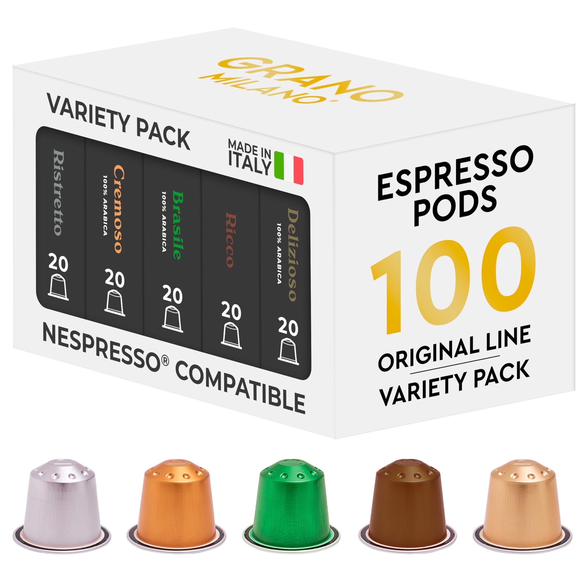 Grano Milano Aluminum Coffee Pods Variety Pack - 100 Capsules | Nespresso Original Compatible | Medium & Dark Roast | Made in Italy