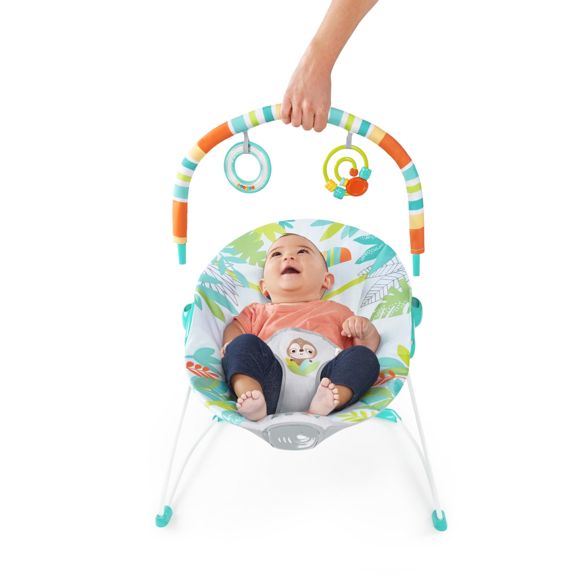 Bright Starts Rainforest Vibes 3-Point Harness Vibrating Baby Bouncer with -Toy bar
