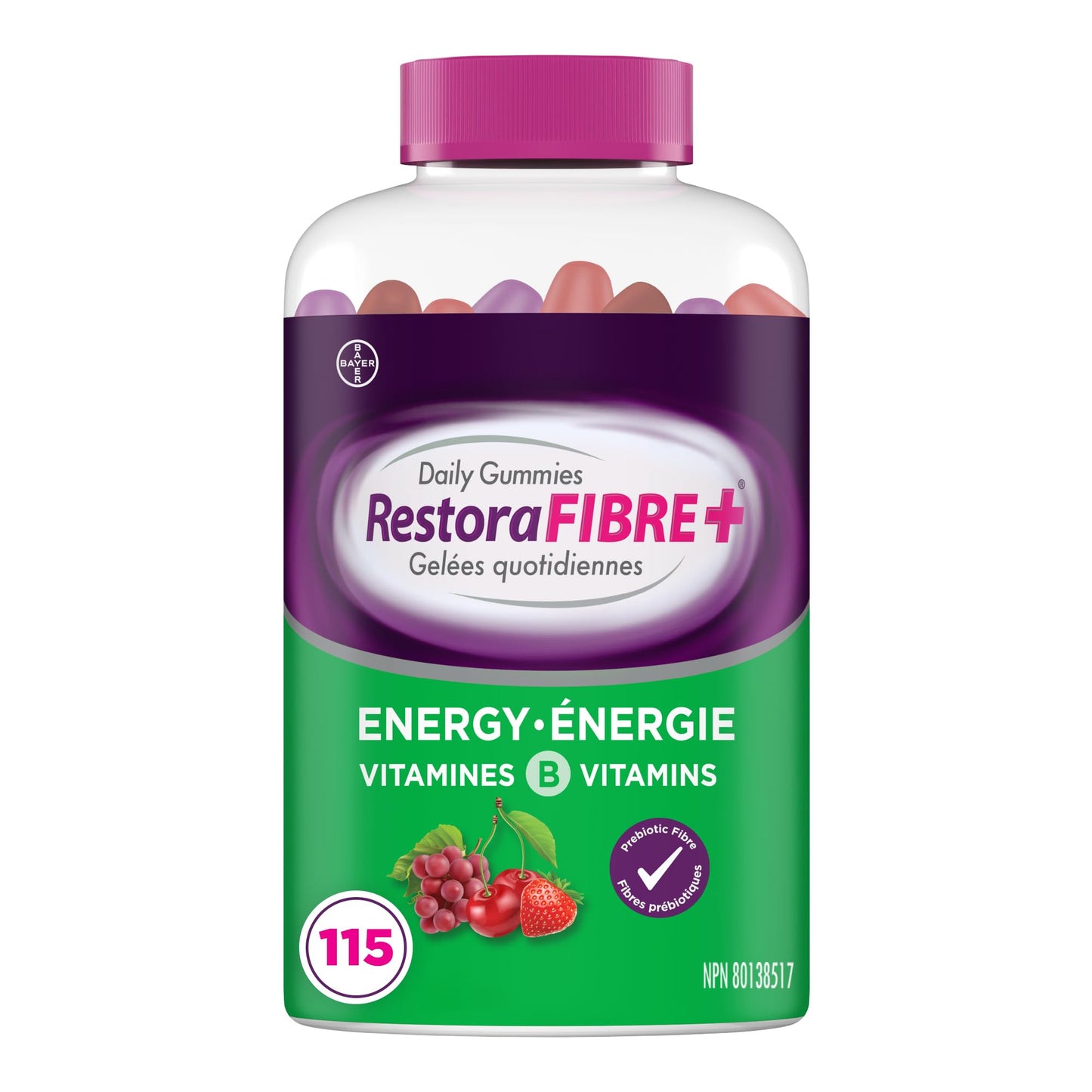 RestoraFIBRE+ Energy Daily Prebiotic Fibre Supplement Gummies for Adults, Promotes Regularity and A Healthy Digestive System and Supports Energy Metabolism, Packed with B Vitamins, 115 Count - Available at All In One Marketplace Canada