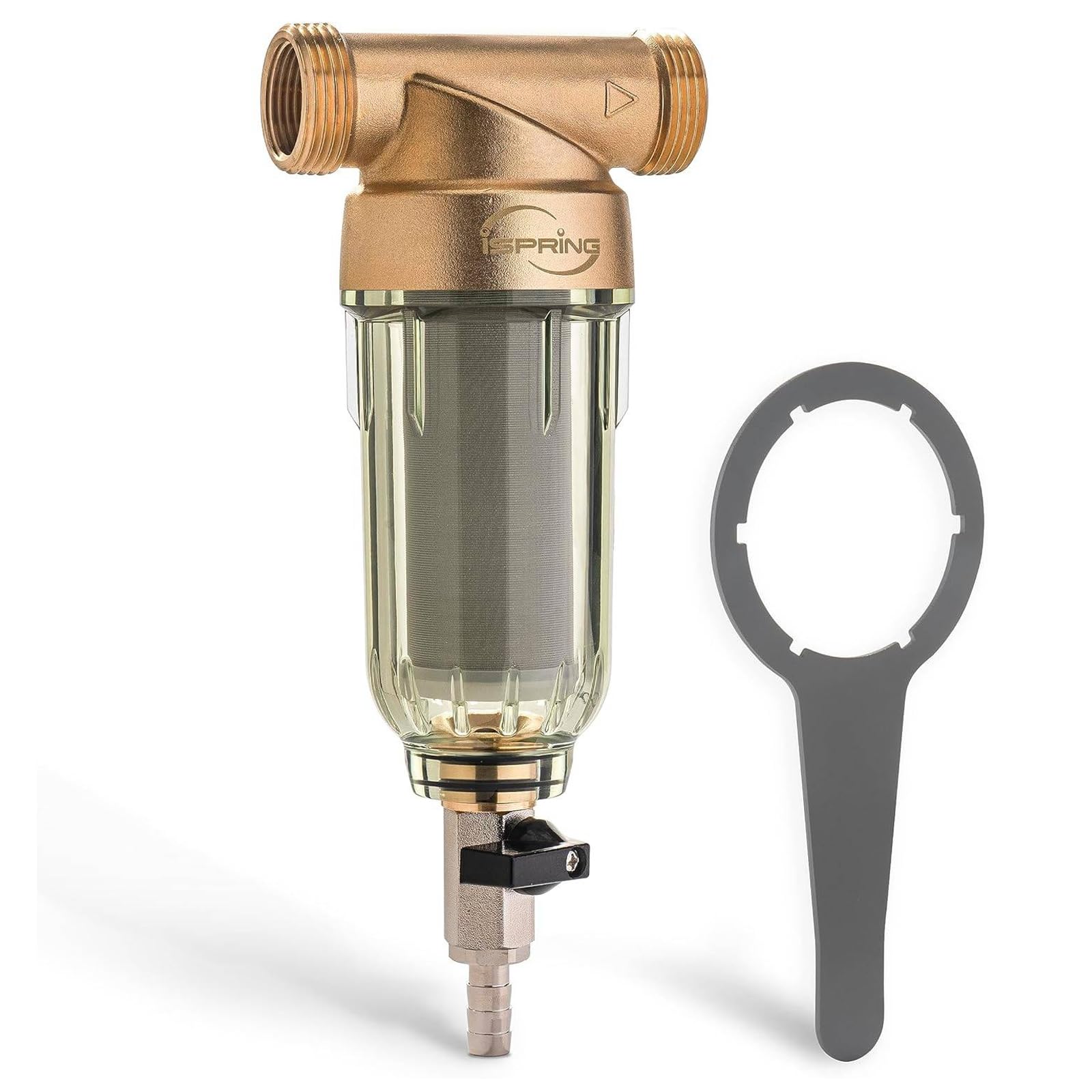 iSpring WSP-100 Spin Down Sediment Water Filter, Whole House Reusable Flushable Prefilter for Well Water, 100-Micron, 1" MNPT + 3/4" FNPT, Lead-Free Brass iSpring
