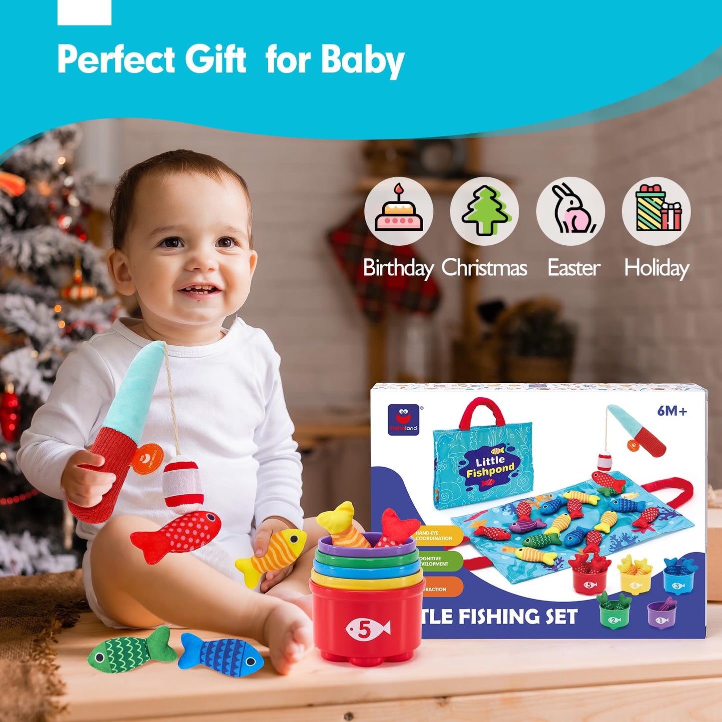 hahaland Montessori Toys for 1 Year Old - Toddler Toys for 1 2 Year Old Boys Girls Toy, Montessori Educational Baby Toy 6-12-18 Months, 10 in 1 Fishing Game with Baby Stacking Cups