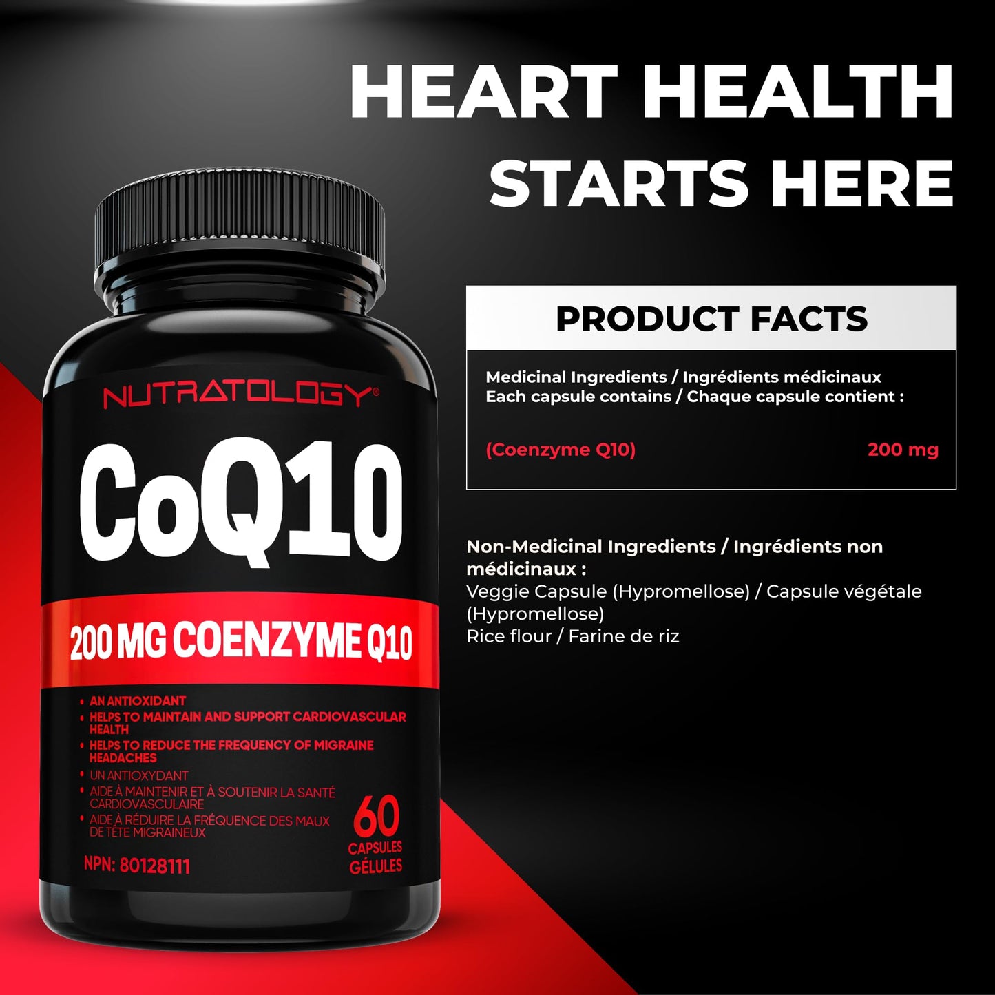 Nutratology® Coenzyme Q10 (CoQ10) 200MG - Cardiovascular Health Support - Antioxidant for Heart Health - Helps Reduce the Frequency of Migraines - CoQ10 Supplement - 60 Capsules - Available at All In One Marketplace Canada