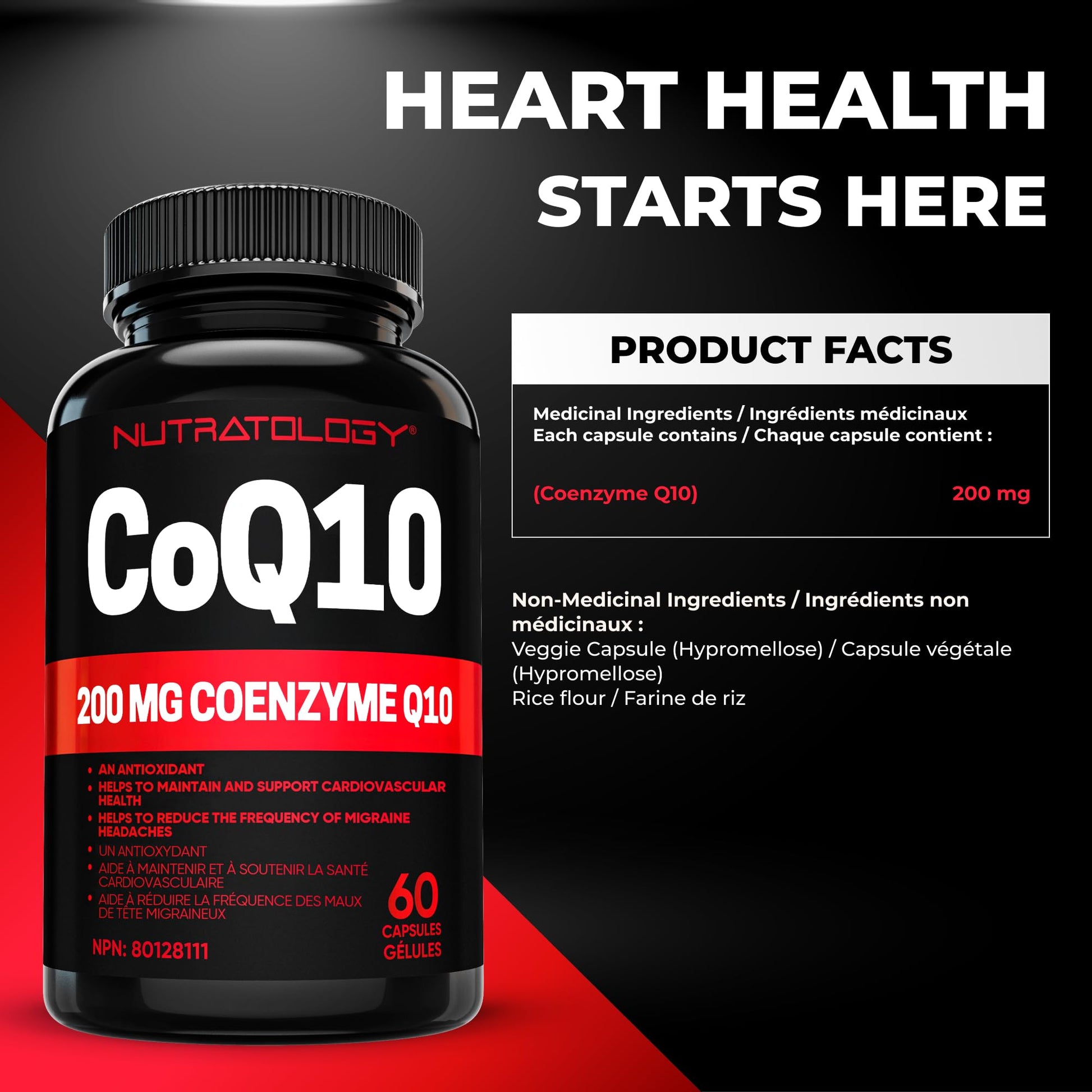Nutratology® Coenzyme Q10 (CoQ10) 200MG - Cardiovascular Health Support - Antioxidant for Heart Health - Helps Reduce the Frequency of Migraines - CoQ10 Supplement - 60 Capsules - Available at All In One Marketplace Canada