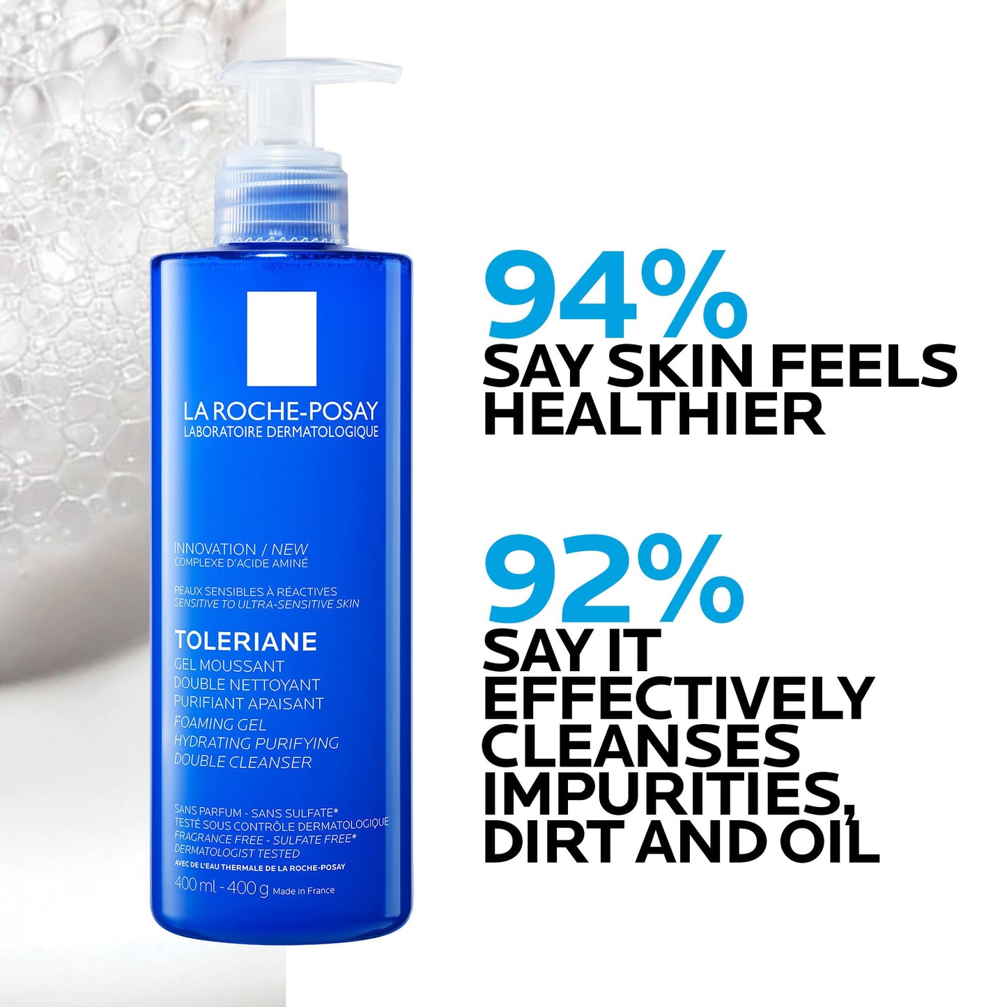 La Roche Posay Double Face Cleanser, Toleriane Hydrating Purifying Foaming Gel, Removes Makeup & Impurities, with Niacinamide & Amino Acids, Fragrance Free, Recommended by Dermatologists, 400ml La Roche-Posay