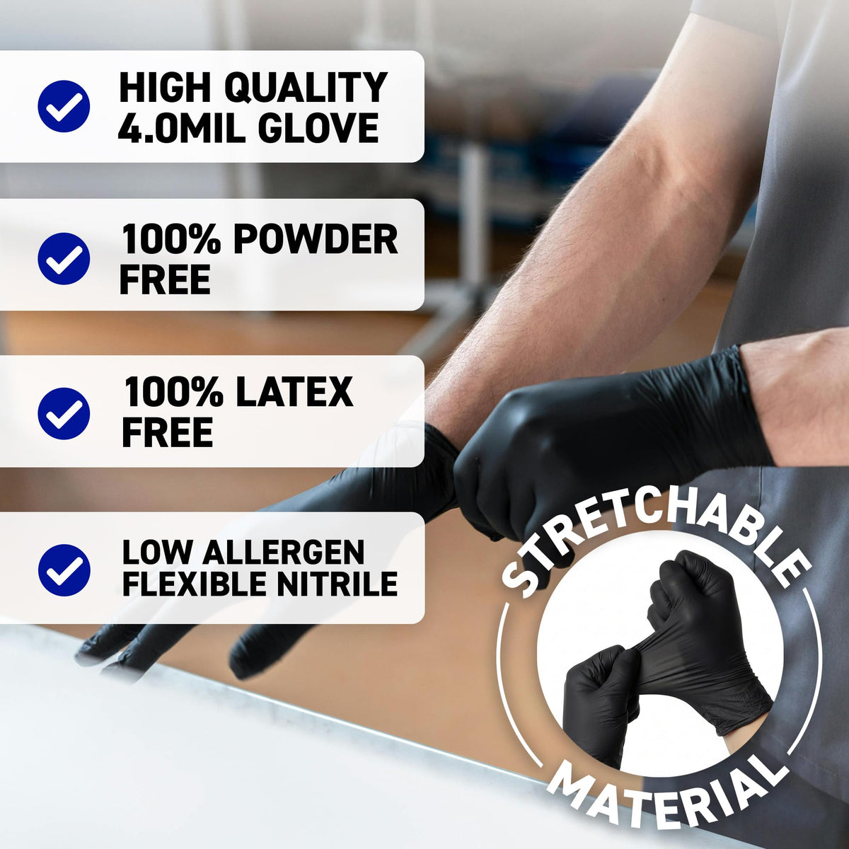 72HRS Black Nitrile Gloves - 4 Mil Disposable Gloves (200 Pieces, Large)