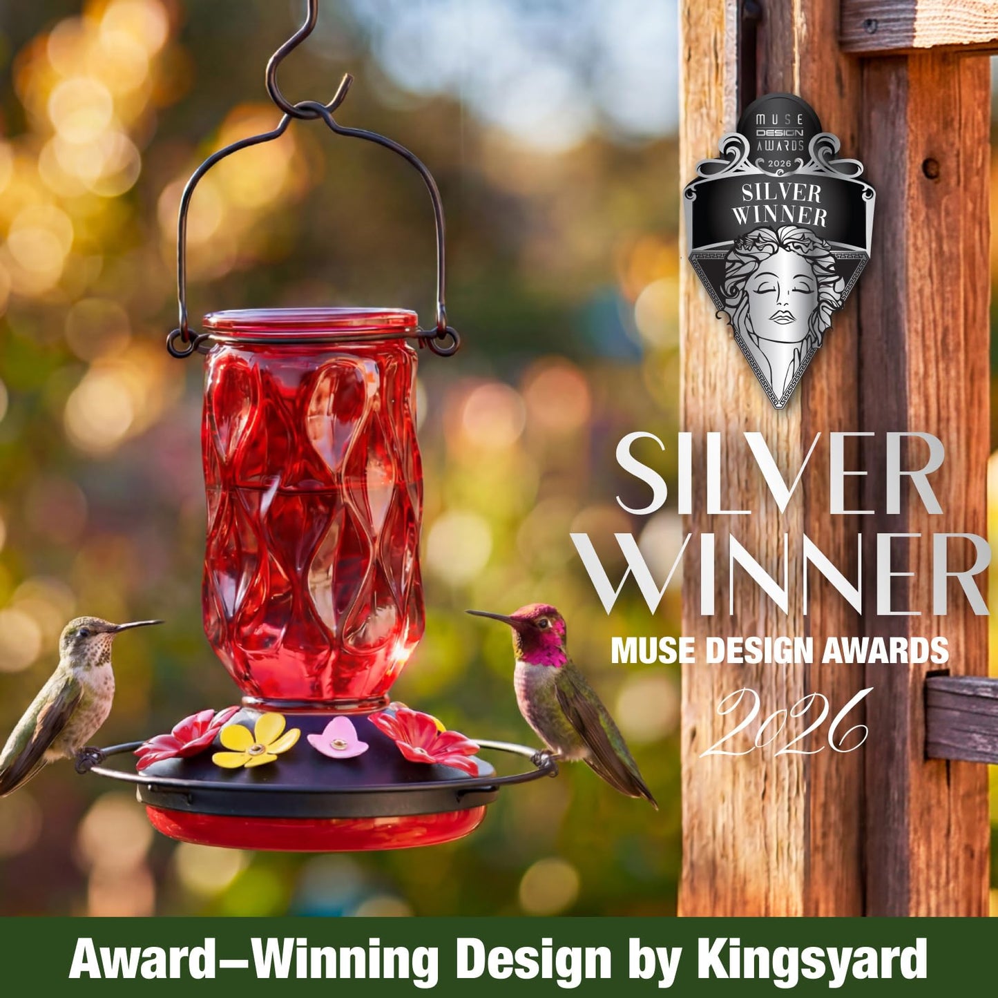 Kingsyard Glass Hummingbird Feeder for Outdoors Hanging, 20 oz Leak-Proof Hummingbird Feeders with 9 Bee Proof Feeding Ports & Ant Moat, Easy to Clean and Refill (Red)
