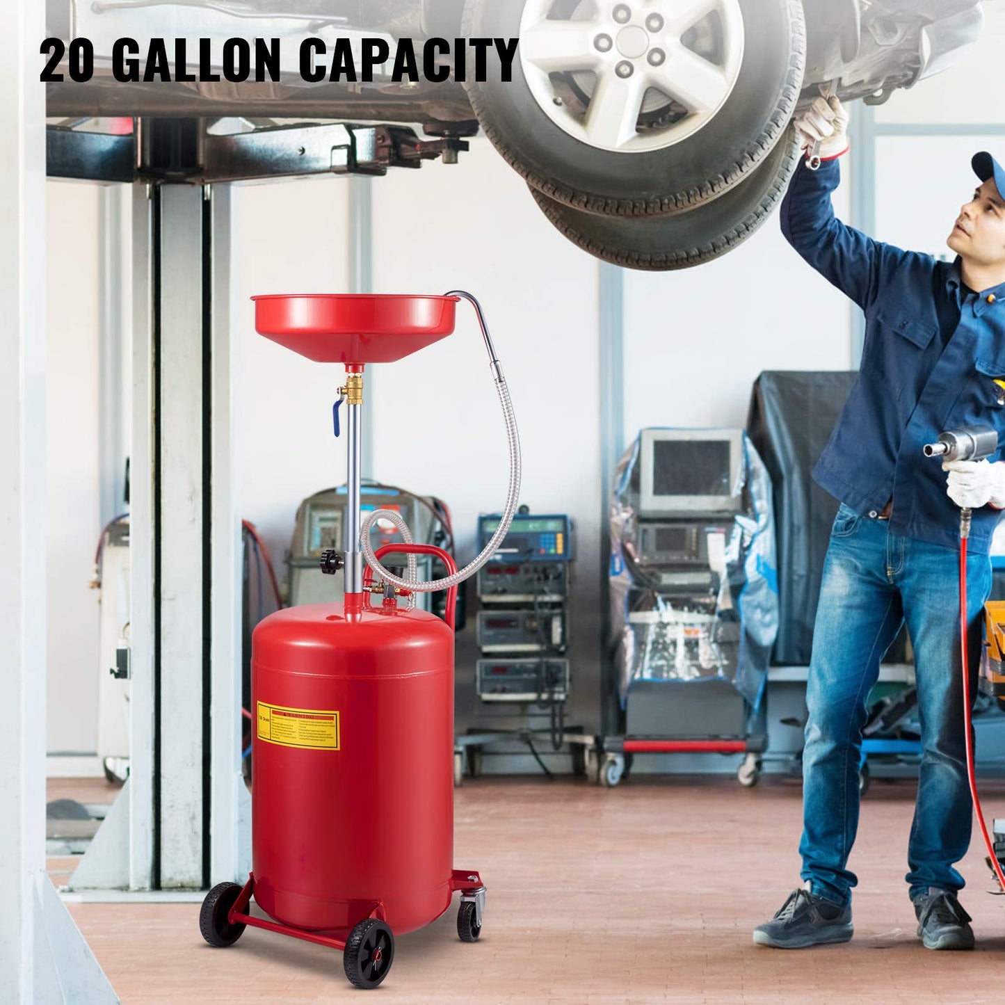 VEVOR Waste Oil Drain Tank 20 Gallon Portable Oil Drain Air Operated Drainer Oil Change, Oil Drain Container, Fluid Fuel Transfer Drainage Adjustable Funnel Height, with Wheel For Easy Oil Removal VEVOR