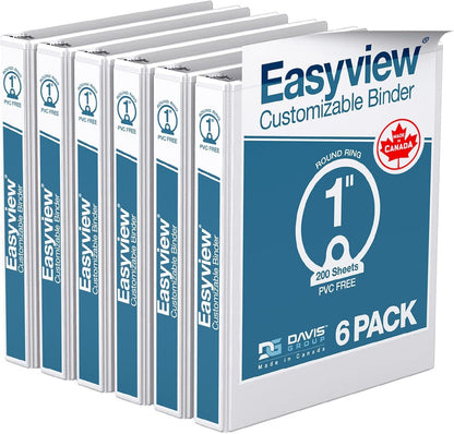 Easyview 3-Ring Binder, Clear-View Cover, 1" Round Rings, White, 6 Pack