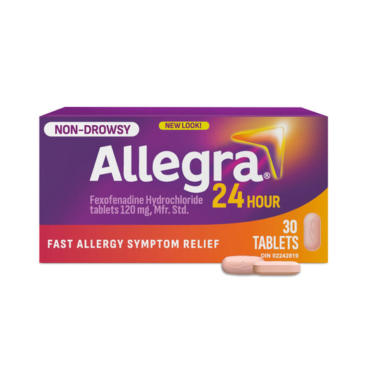 Allegra 24 Hour Allergy Medication, Non Drowsy, Fast and Effective Multi-Symptom Allergy Relief Medicine for Sneezing, Watery Eyes and Itchy Throat, Fexofenadine Hydrochloride 120 mg, 30 Tablets - Available at All In One Marketplace Canada