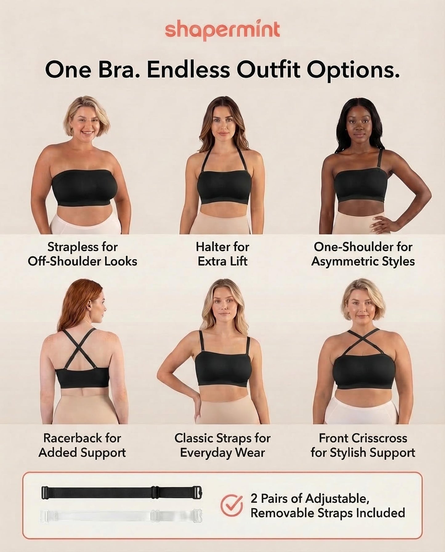 SHAPERMINT Convertible Strapless Bras for Women - Compression Wireless Bandeau Bra Top Black