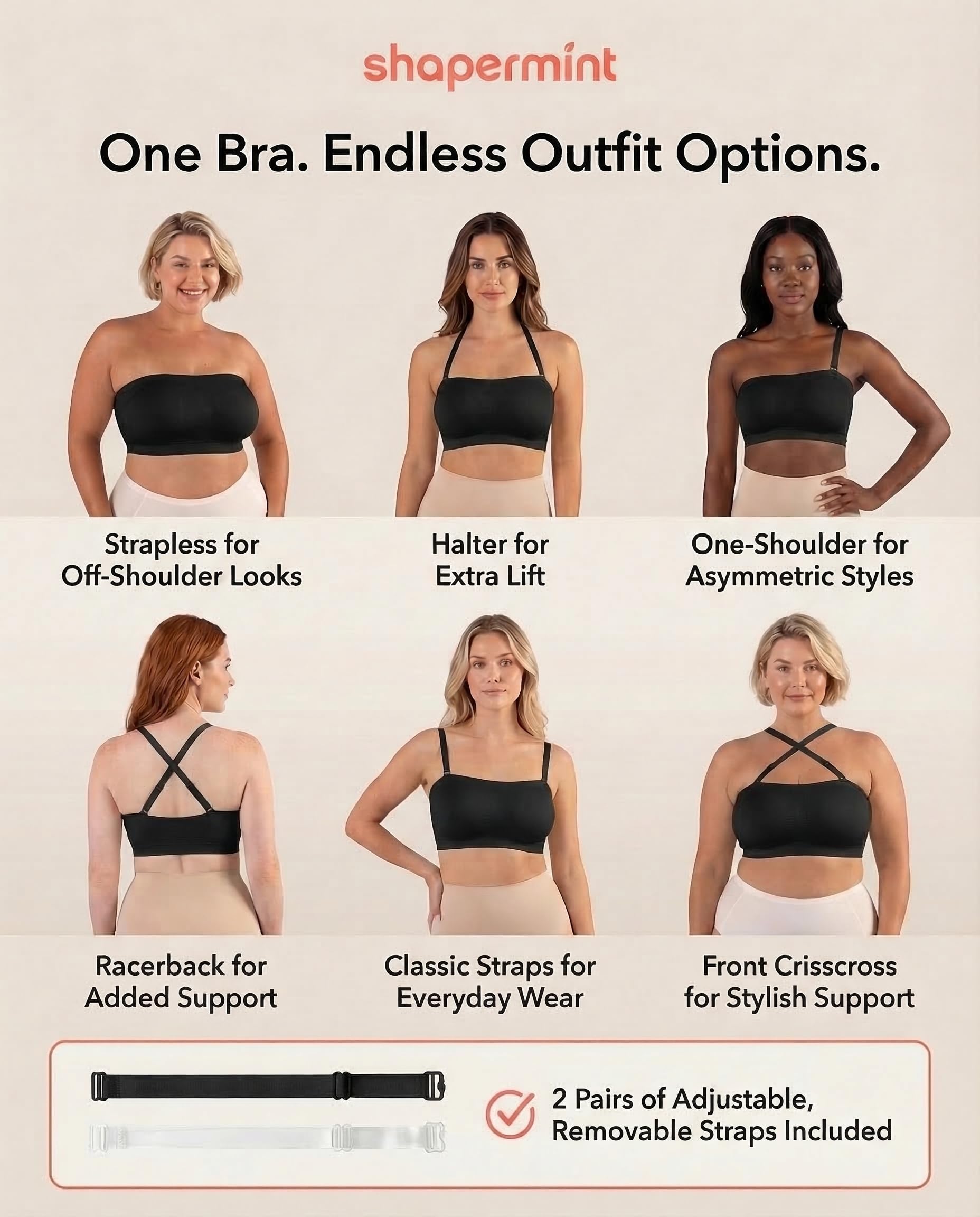 SHAPERMINT Convertible Strapless Bras for Women - Compression Wireless Bandeau Bra Top Black
