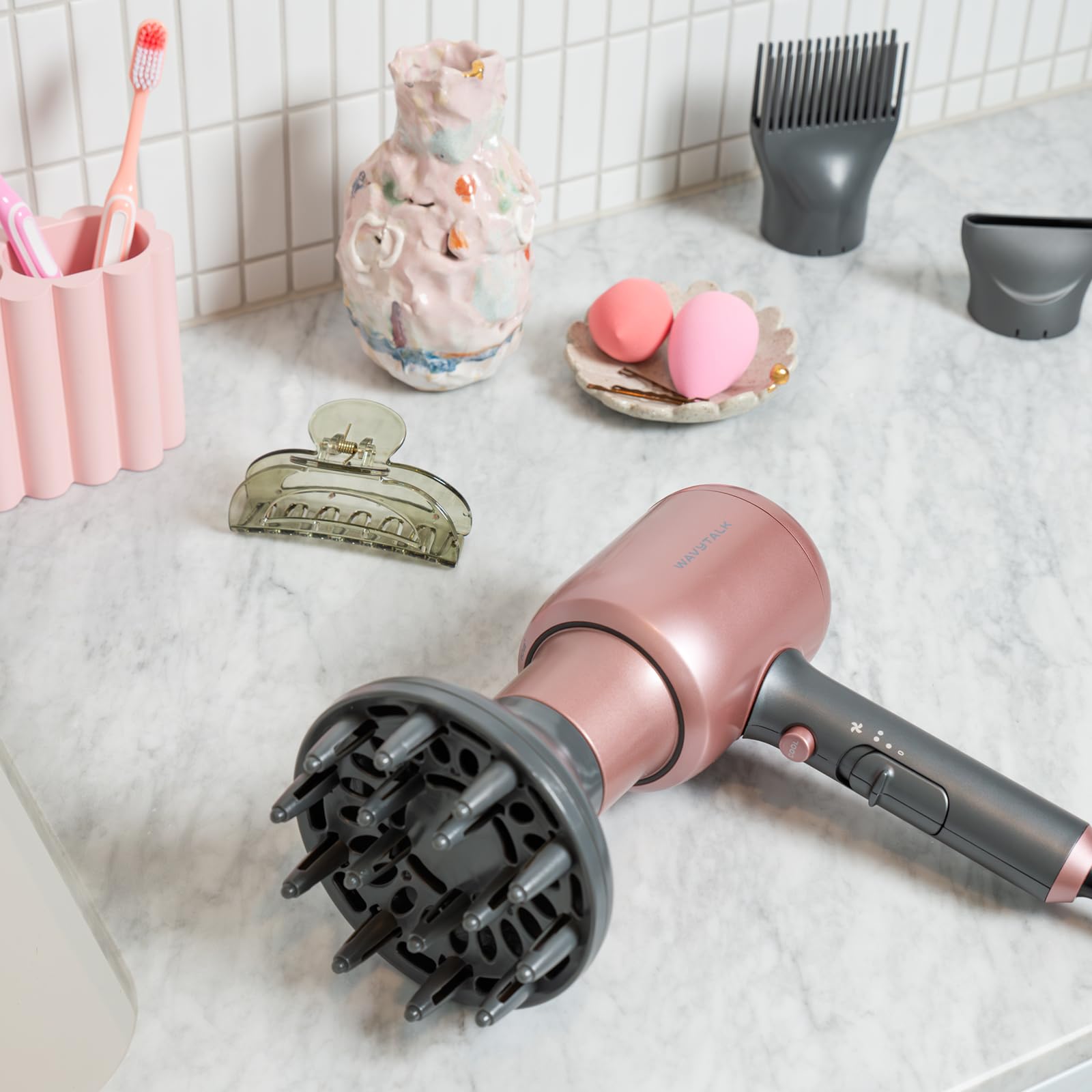 Wavytalk Hair Dryer with Diffuser, Blown Away Ionic Hair Dryer for Curly Hair, 1875W Fast Drying Blow Dryer with Ceramic Technology, 3 Attachments for All Hair Types, Light and Quiet, Blush Gold - Available at All In One Marketplace Canada