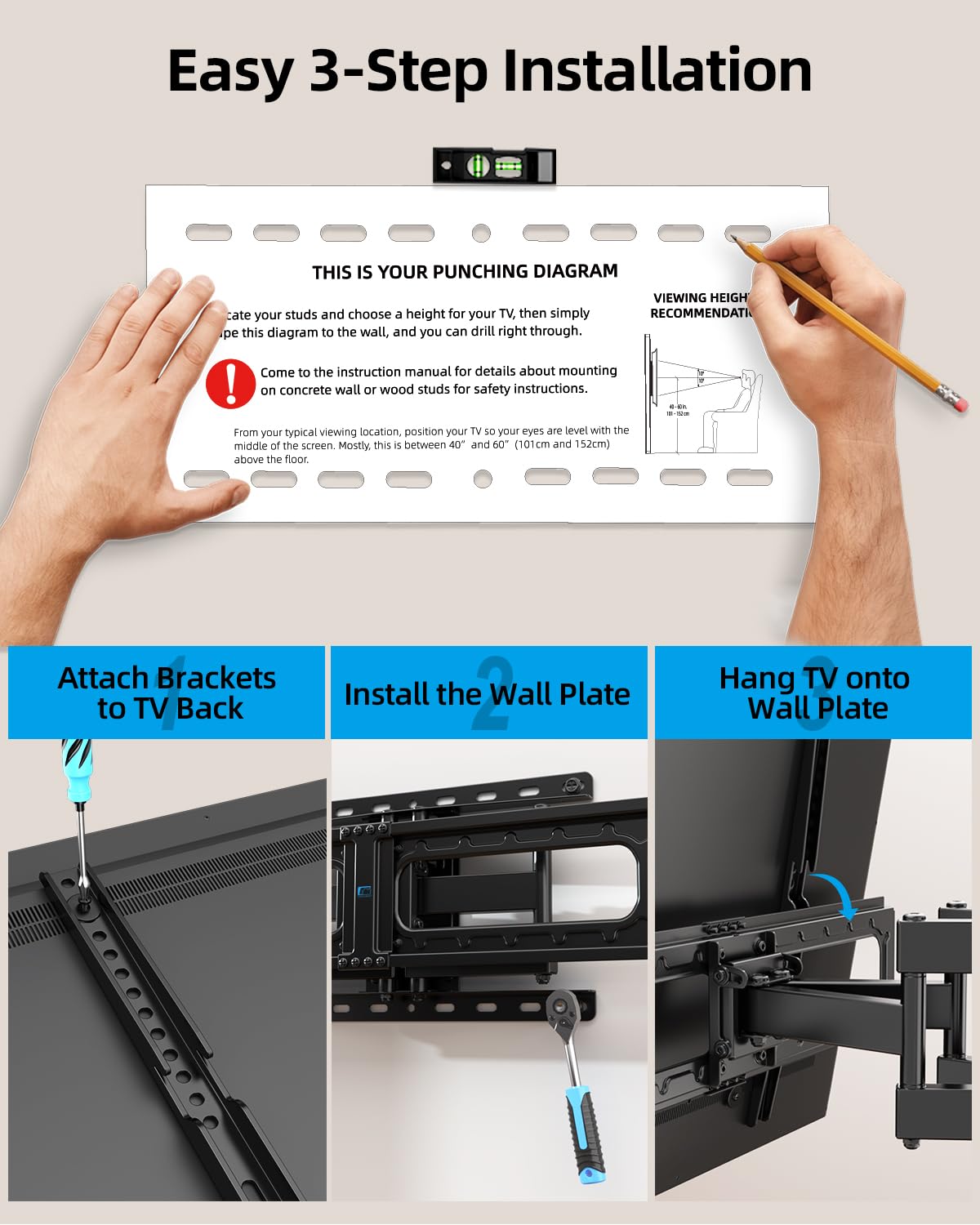 HOME VISION Full Motion TV Wall Mount for Most 32-85 inch TVs up to132 lbs, TV Mount Swivel and Tilt with Dual Articulating Arms, Wall Mount TV Bracket Max VESA 600x400mm, Fits 8" 12" 16" Wood Studs - Available at All In One Marketplace Canada