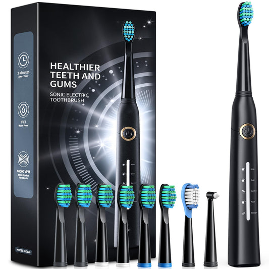TEETHEORY Sonic Electric Toothbrushes for Adults and Kids, 8 Brush Heads Electric Toothbrush with 40000 VPM Deep Clean 5 Modes, Rechargeable Fast Charge 4 Hours Last 30 Days(Black) - Available at All In One Marketplace Canada