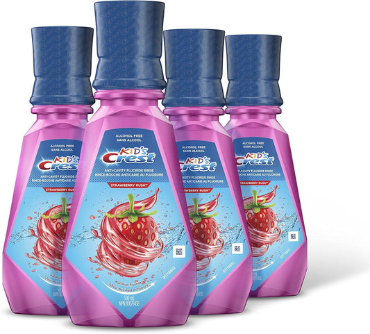 Crest Kid's Anticavity Fluoride Mouthwash, Strawberry Rush, Alcohol-Free Mouthwash for Kids 6+ to Protect Against Cavities, 4X500mL - Available at All In One Marketplace Canada