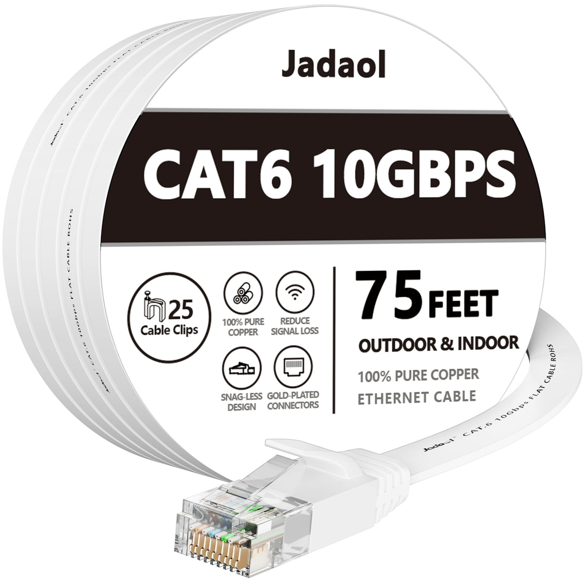 Jadaol Cat6 Ethernet Cable 75FT with Clips 10Gbps Flat Network Cable, White